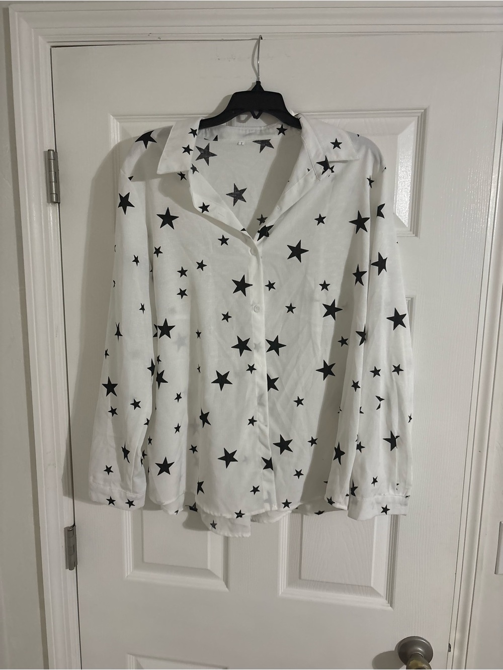 White Button-Up Shirt with Black Star Print